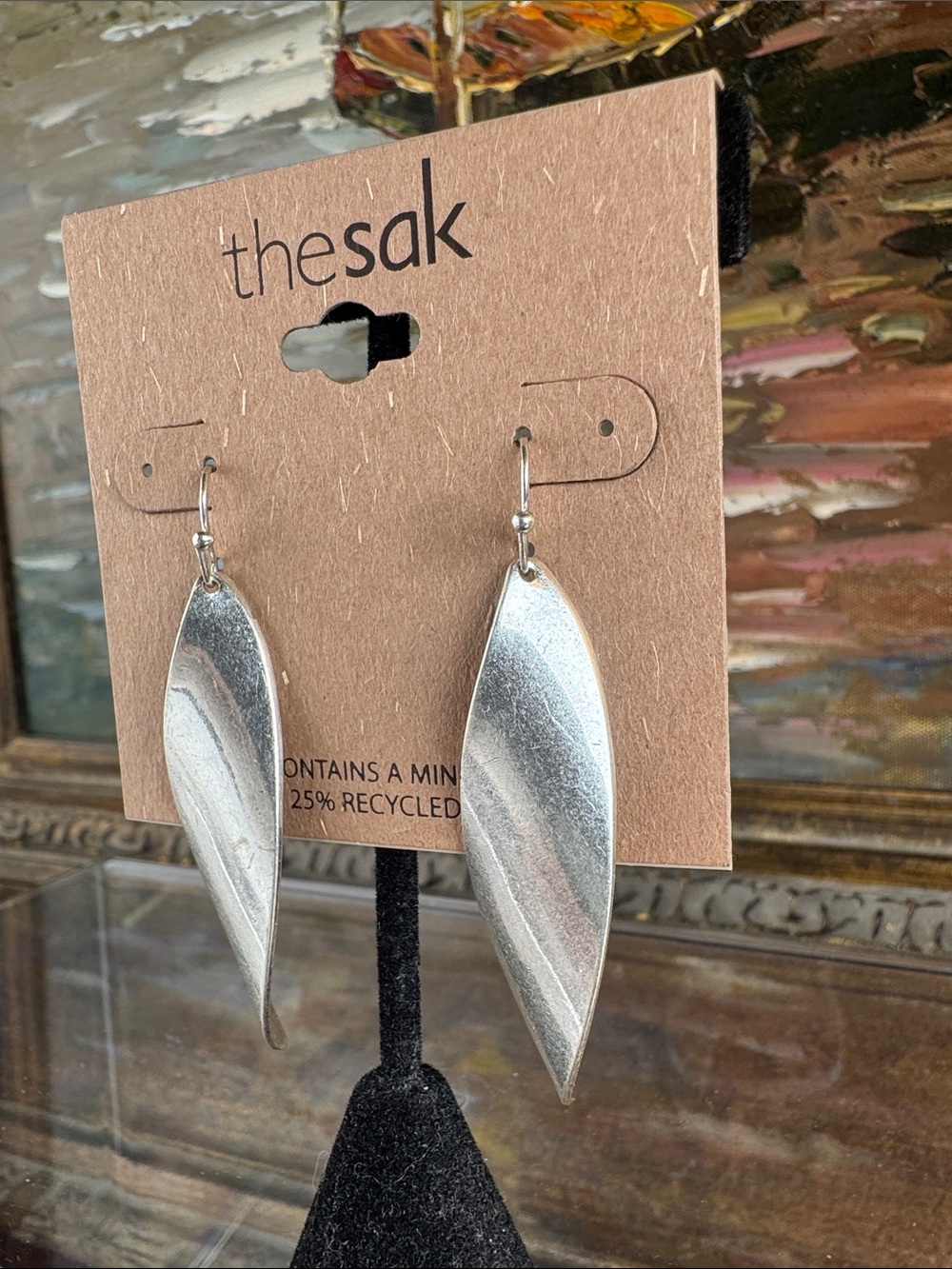0624-the sak Silver Leaf-Shaped Drop Earrings